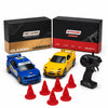 A yellow RC drift car and accessories are displayed next to its packaging box.