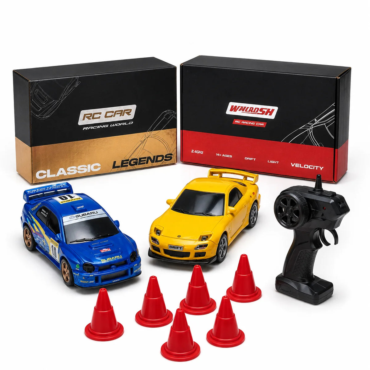 A yellow RC drift car and accessories are displayed next to its packaging box.