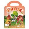 A colorful cartoon illustration featuring farm animals and a windmill on a wooden background.