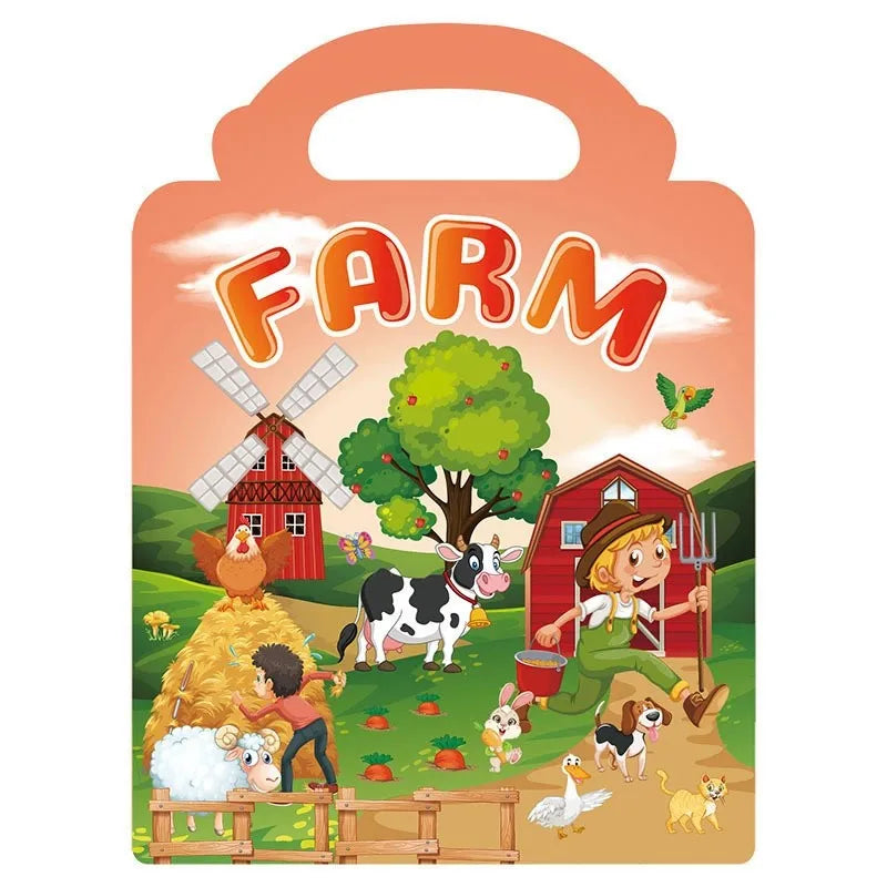 A colorful cartoon illustration featuring farm animals and a windmill on a wooden background.