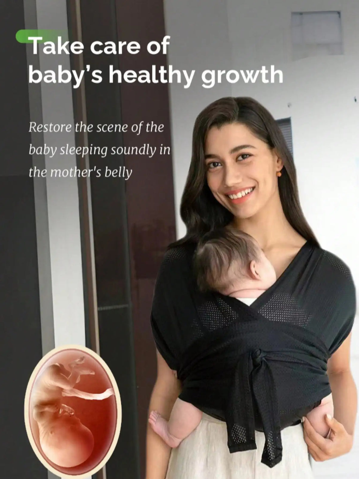 A woman holds a baby in an X-shaped sling carrier while smiling, promoting healthy baby growth.