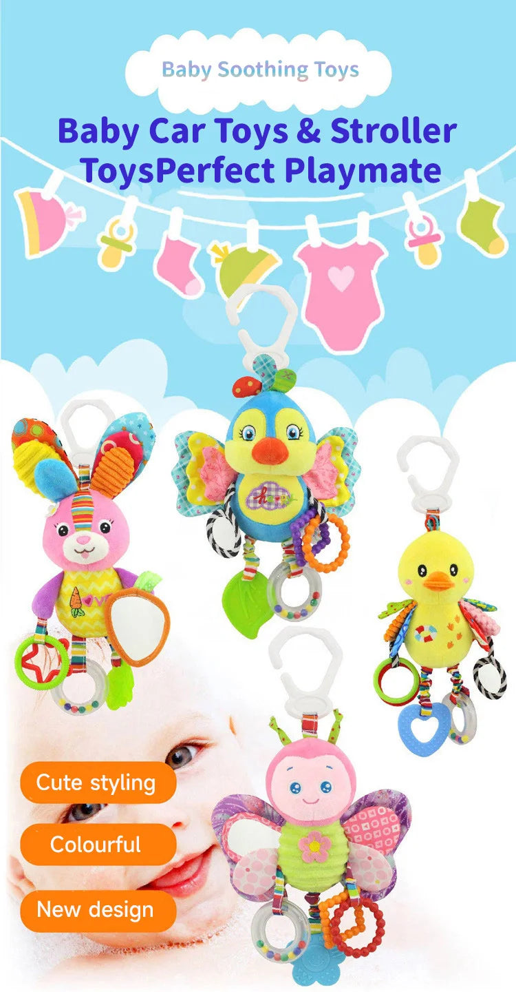 Soft Hanging Baby Rattle with Sensory Cartoon Plush Toy for Stroller and Crib