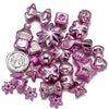 A collection of sparkly pink and purple acrylic bow and flower beads for DIY jewelry making
