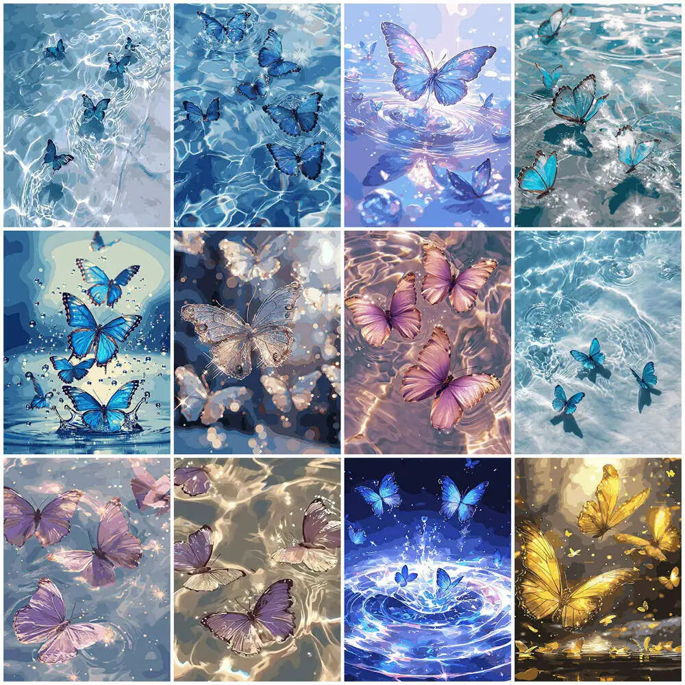 A collage of various butterfly paintings and watercolor textures created using a paint by numbers kit.