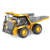 Yellow and gray remote control construction excavator truck model with large tires and a cab.
