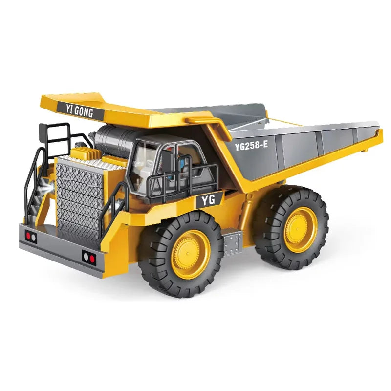 Yellow and gray remote control construction excavator truck model with large tires and a cab.