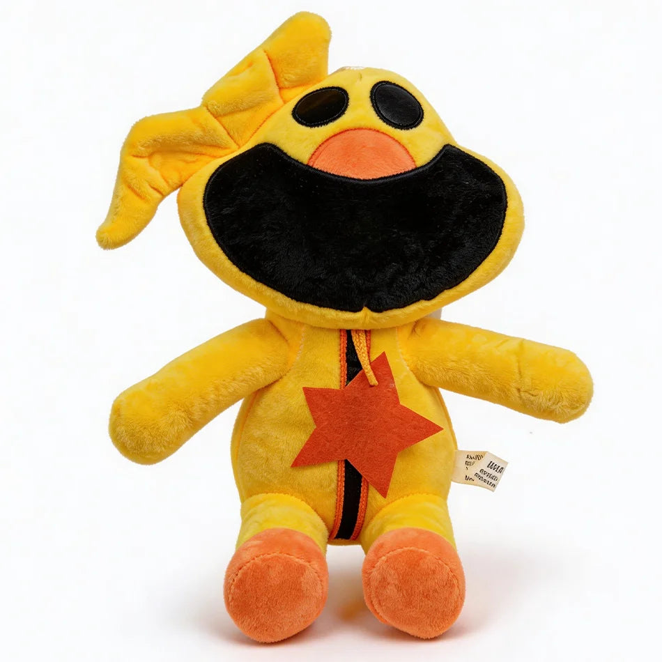 A yellow plush doll resembling CatNap from Poppy's Playtime, featuring black facial features and an orange star patch.