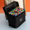 A black zippered case containing a set of alcohol art markers with various colors.