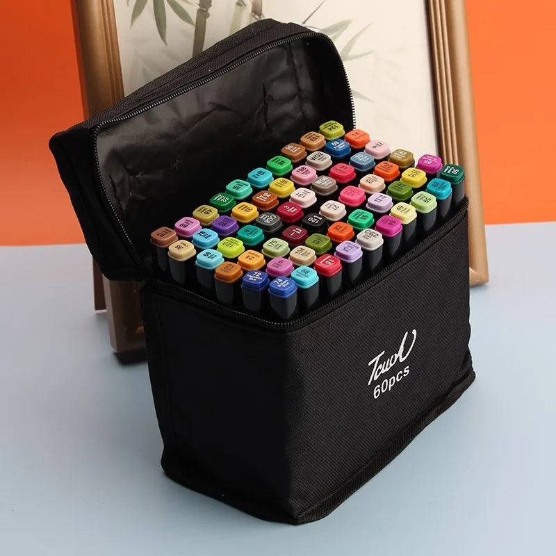 A black zippered case containing a set of alcohol art markers with various colors.