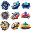 A set of five metal spinning tops in various colors including blue, yellow, and red, shown from different angles.