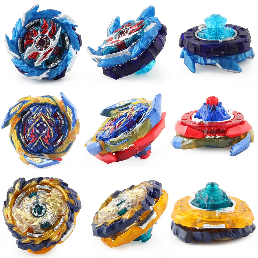 A set of five metal spinning tops in various colors including blue, yellow, and red, shown from different angles.