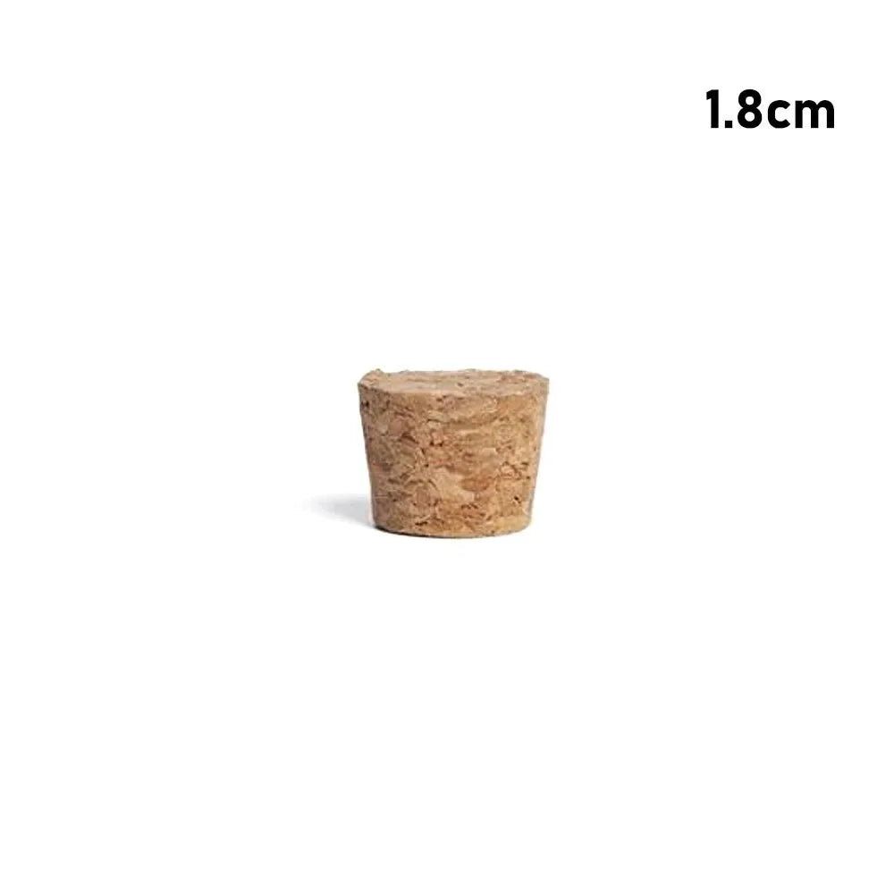 A small, cylindrical piece of natural wood used as a tapered bottle and test tube stopper.