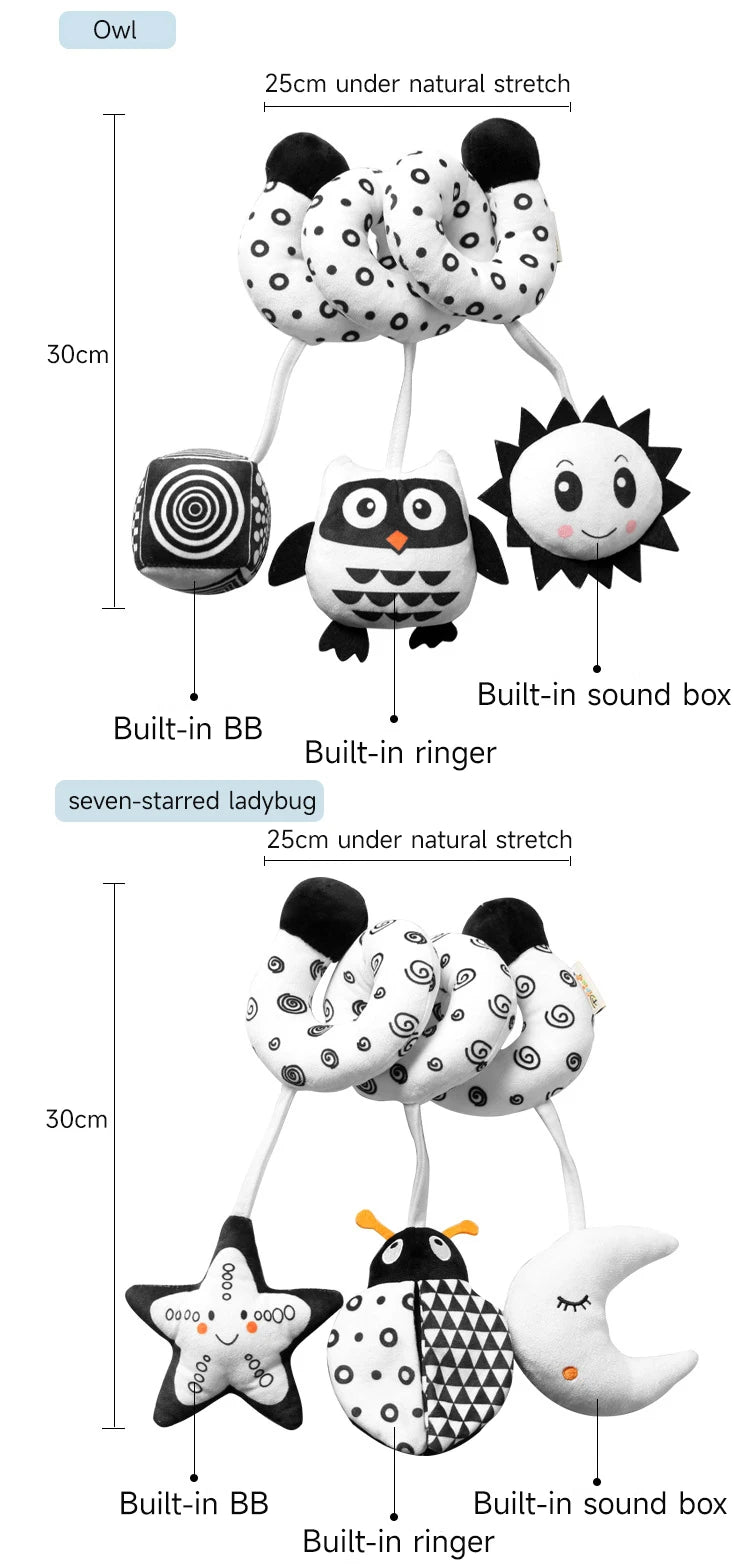 Black and White Animal Hanging Toys for Baby Car Seat and Stroller