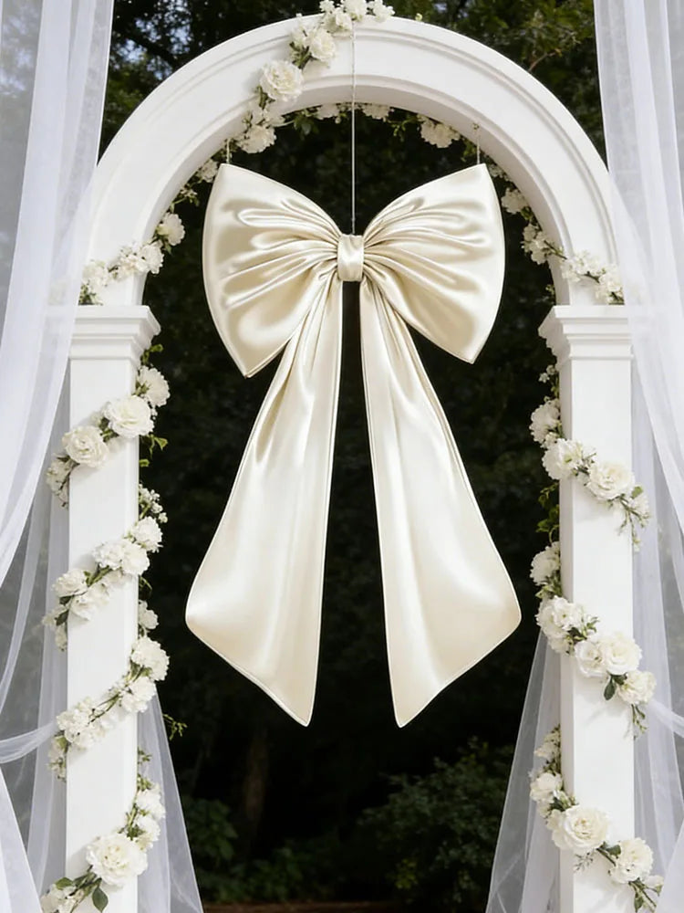 Oversized creamy white satin bow decoration hanging in a white archway decorated with white flowers.