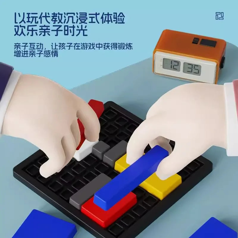A hand is using a puzzle set on a grid, featuring colored blocks and tiles, demonstrating a brain teaser logic puzzle.