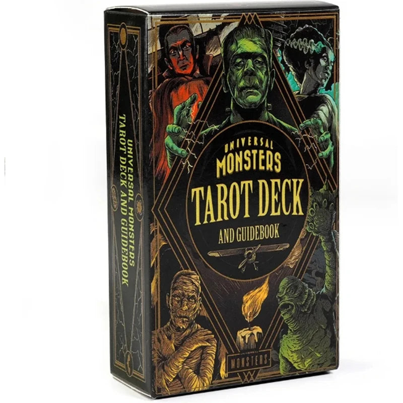 A box of the Universal Monsters Tarot Deck and Guidebook featuring various monster figures.