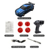 A blue 1:64 scale RC drift car with remote control accessories including a screwdriver and USB charging cable.