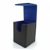 A black leather deck box with a blue lid, designed to hold trading cards.