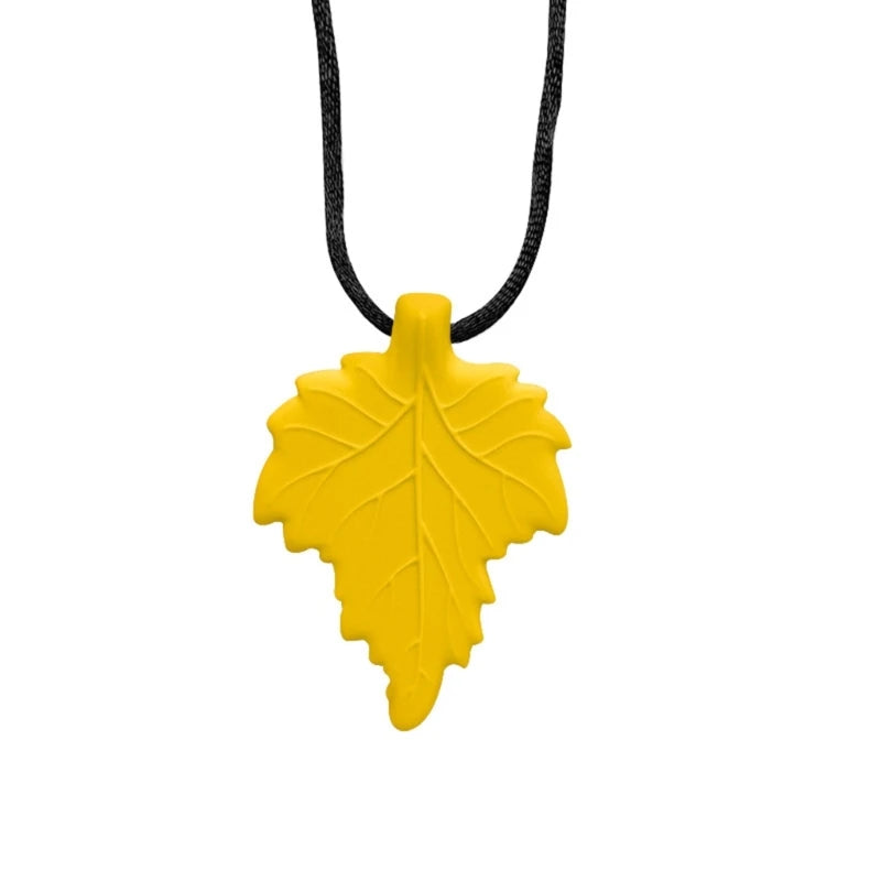Yellow silicone leaf pendant on a black cord necklace