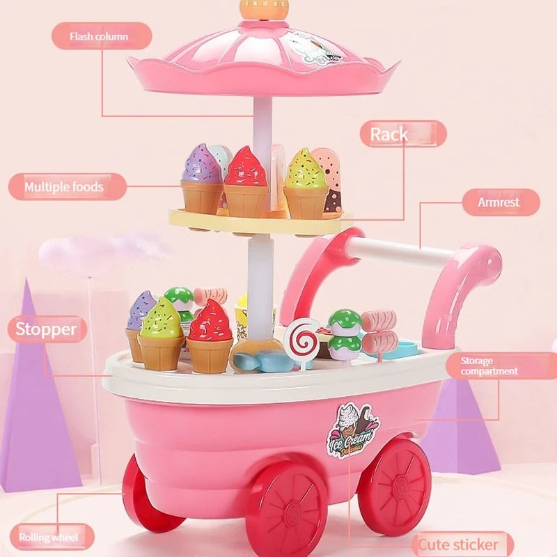 Pink ice cream truck pretend play set with accessories including a rack, topper, and storage compartment