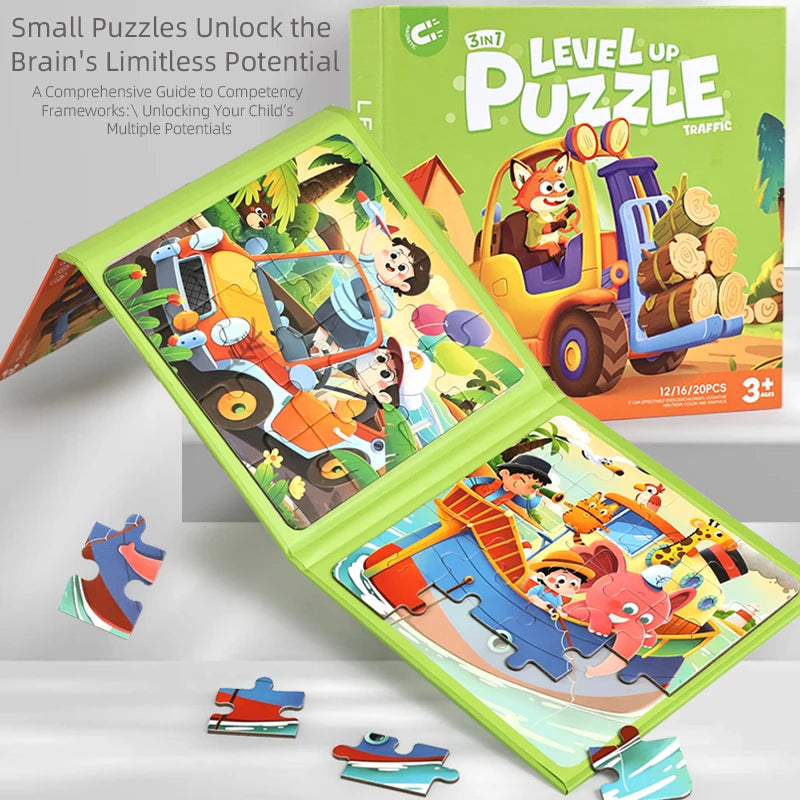 A folding magnetic puzzle set featuring a truck and animals for kids.