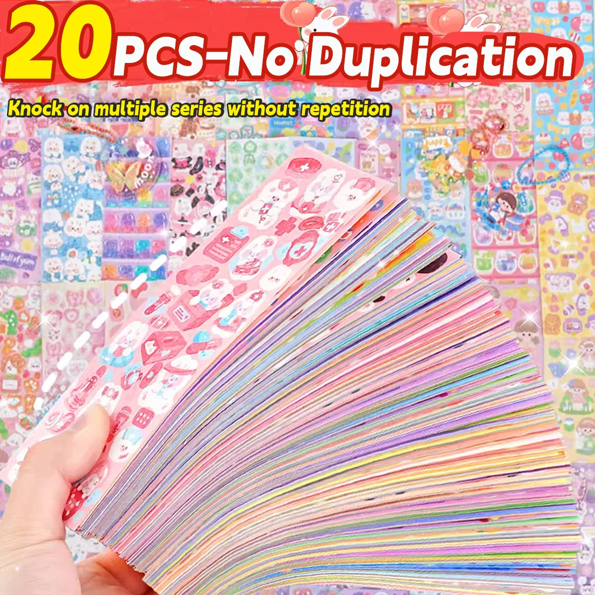 A hand holds a fan of colorful kawaii cartoon stickers for DIY crafts and journaling