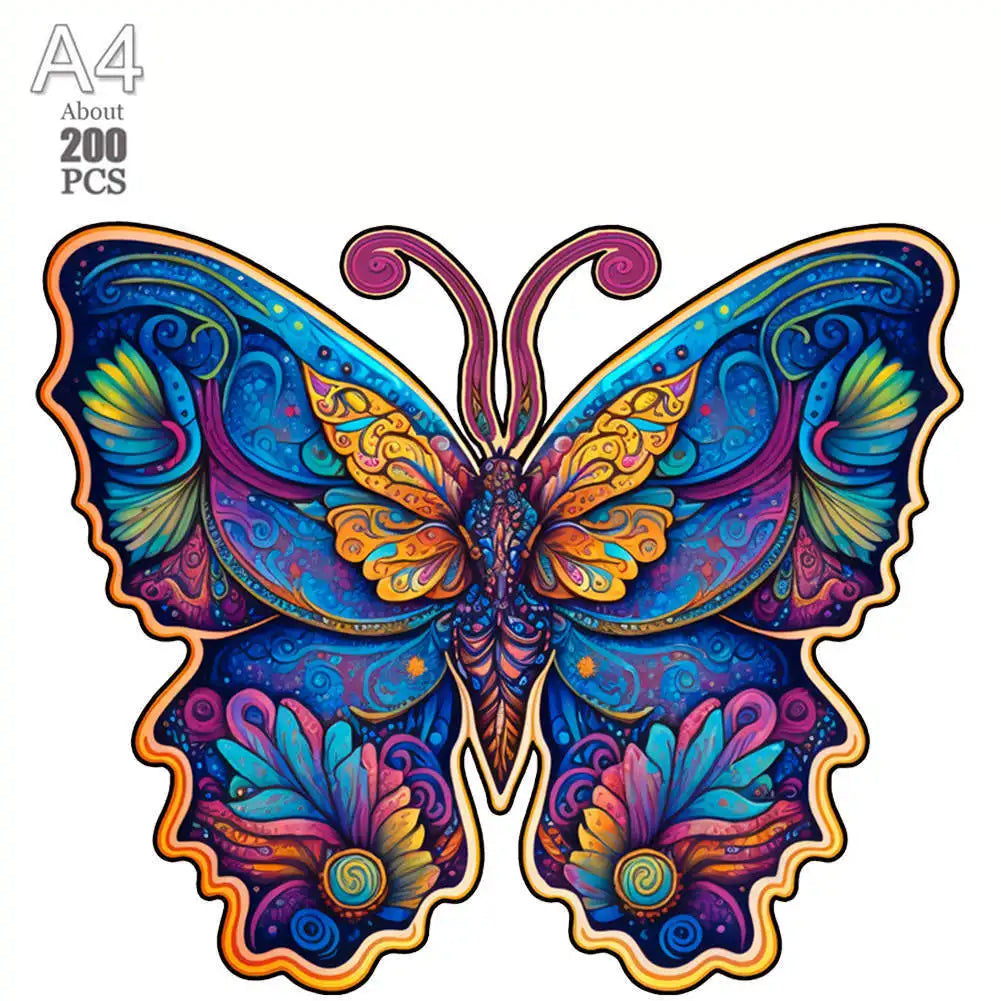 A colorful wooden puzzle set featuring a bee, flower, and cat in 3D jigsaw style.