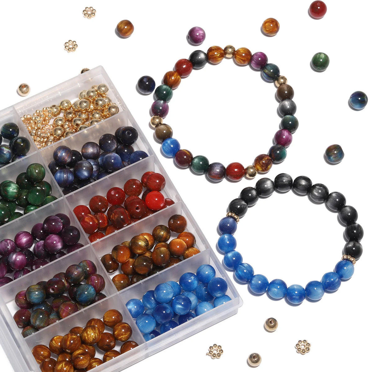 A collection of vibrant tiger eye resin beads in various colors and sizes, including a necklace and loose beads.