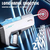 A white high-pressure electric water gun is shown firing a stream toward a target, with distance markings visible.