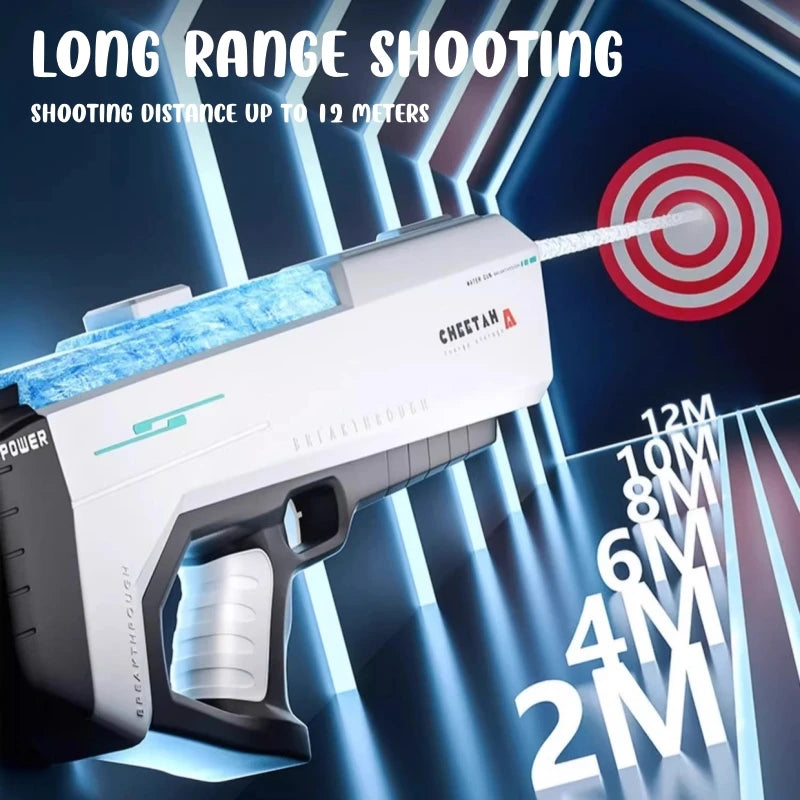 A white high-pressure electric water gun is shown firing a stream toward a target, with distance markings visible.