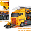 Yellow die-cast construction truck set with transporter showing open and closed lids.