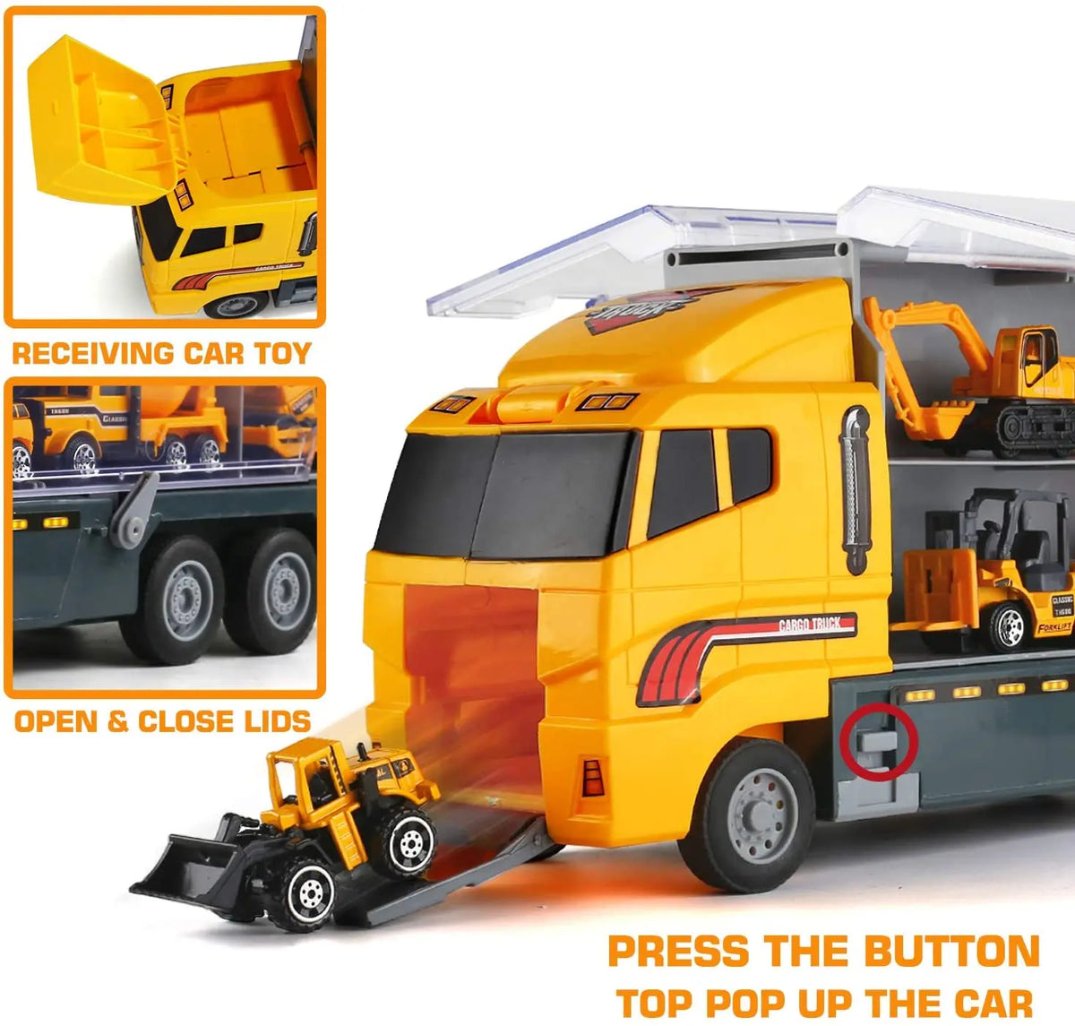 Yellow die-cast construction truck set with transporter showing open and closed lids.