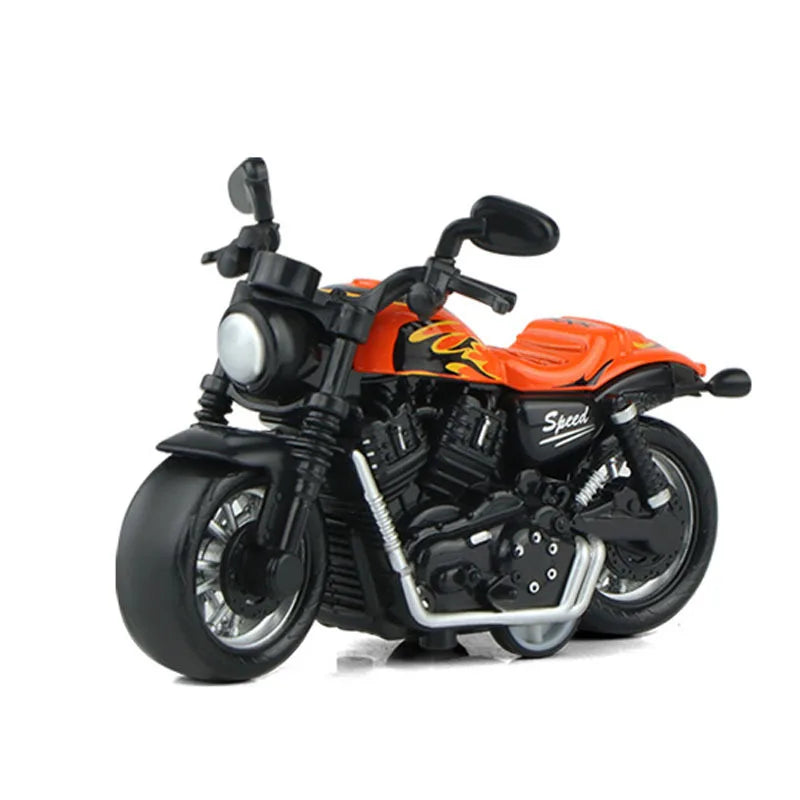 A vintage-style pull-back motorcycle toy car with black and orange paint and chrome accents.