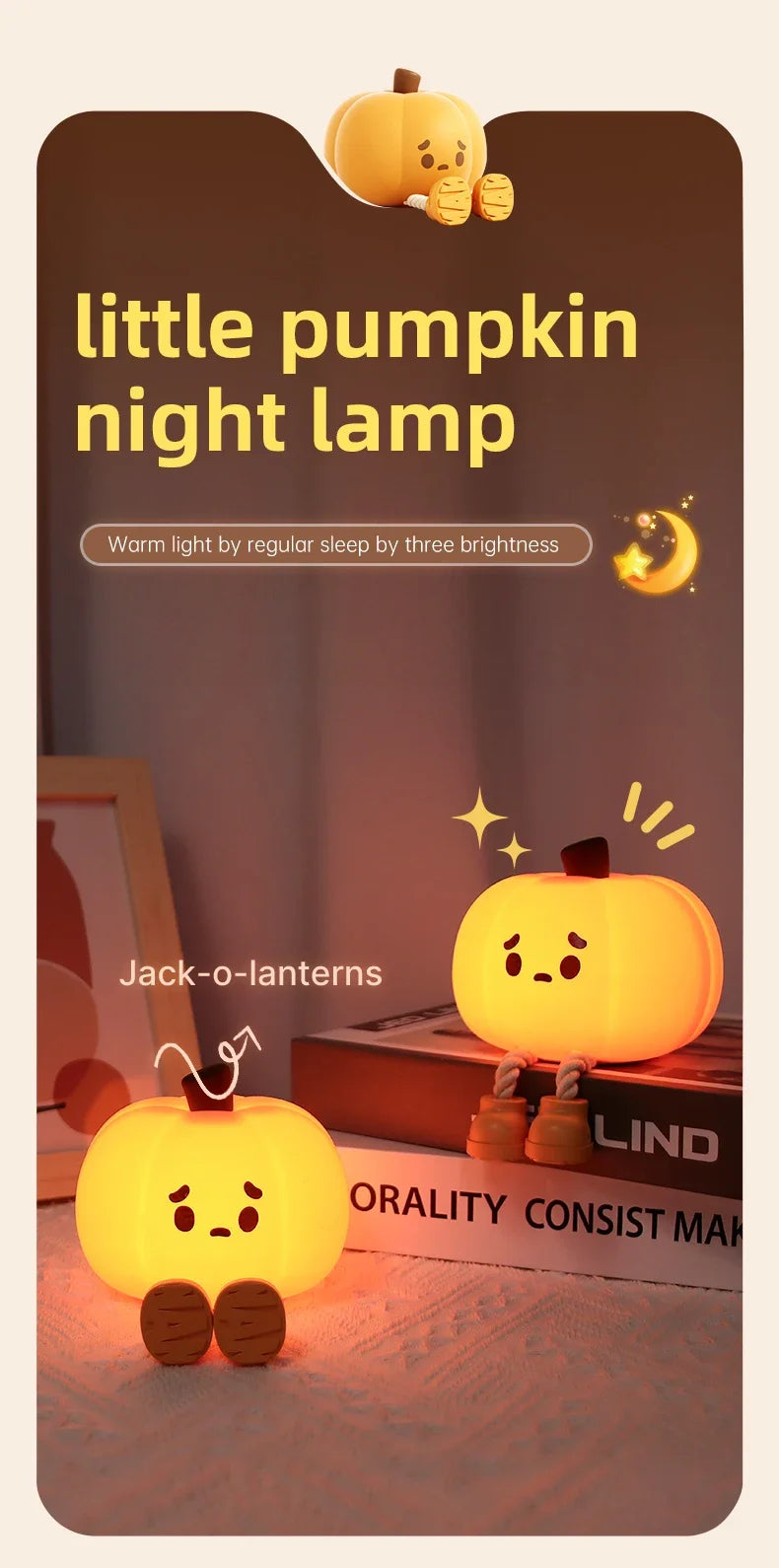 A glowing yellow pumpkin night lamp illuminates Jack-o'-lanterns on a wooden surface.