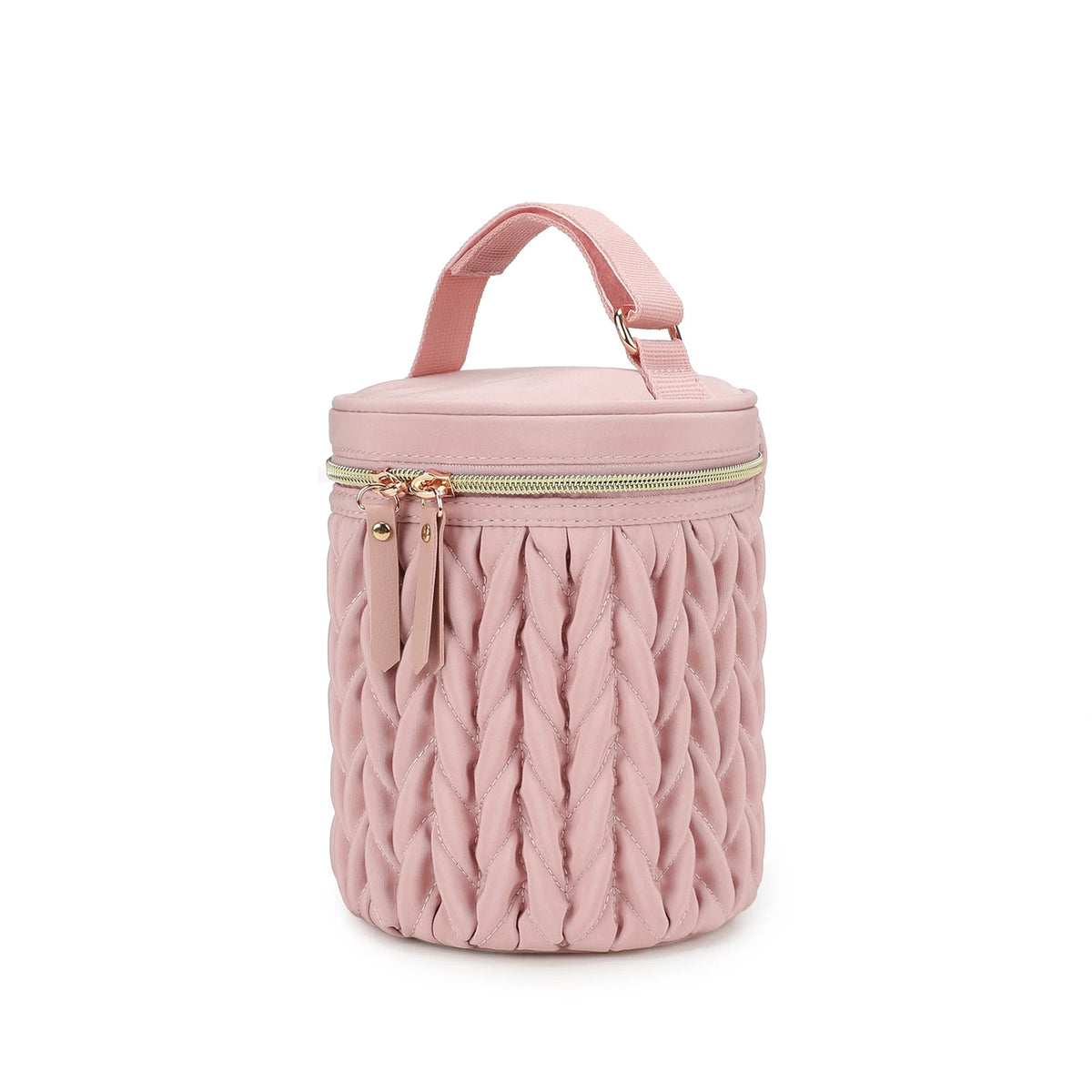 A pink baby stroller caddy organizer bag with a quilted texture and a handle.