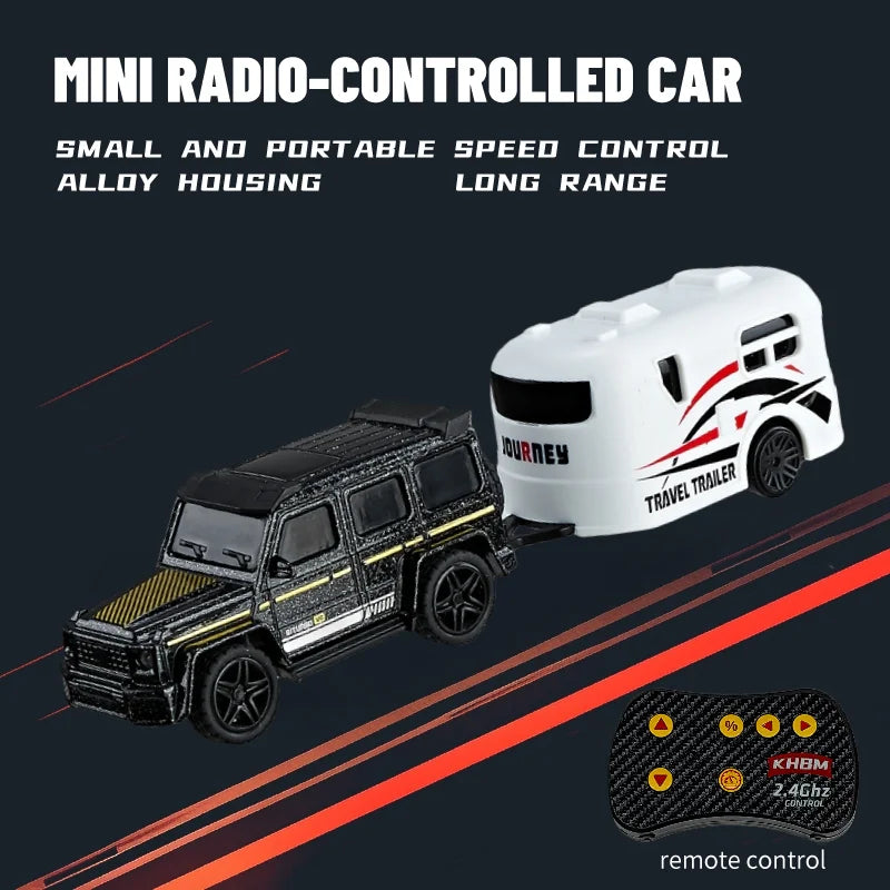 A white mini radio-controlled car with black accents and a remote control is shown on a dark background.