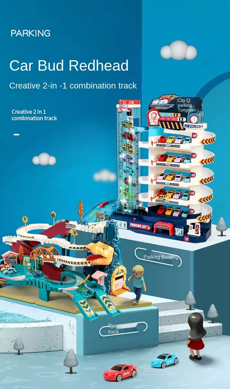 Car Bud Redhead creative 2-in-1 combination track playset with dinosaur rail cars and a parking building