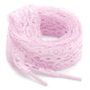 Pink flat elastic silk lace shoelaces coiled and laid out