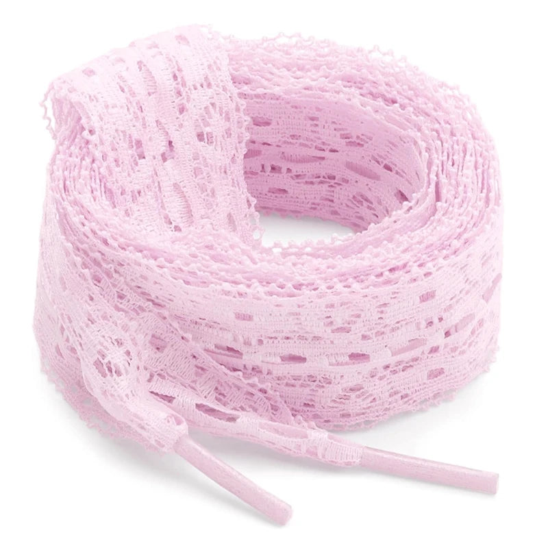 Pink flat elastic silk lace shoelaces coiled and laid out