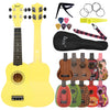 A yellow ukulele and a matching kit with accessories are displayed on a white background.