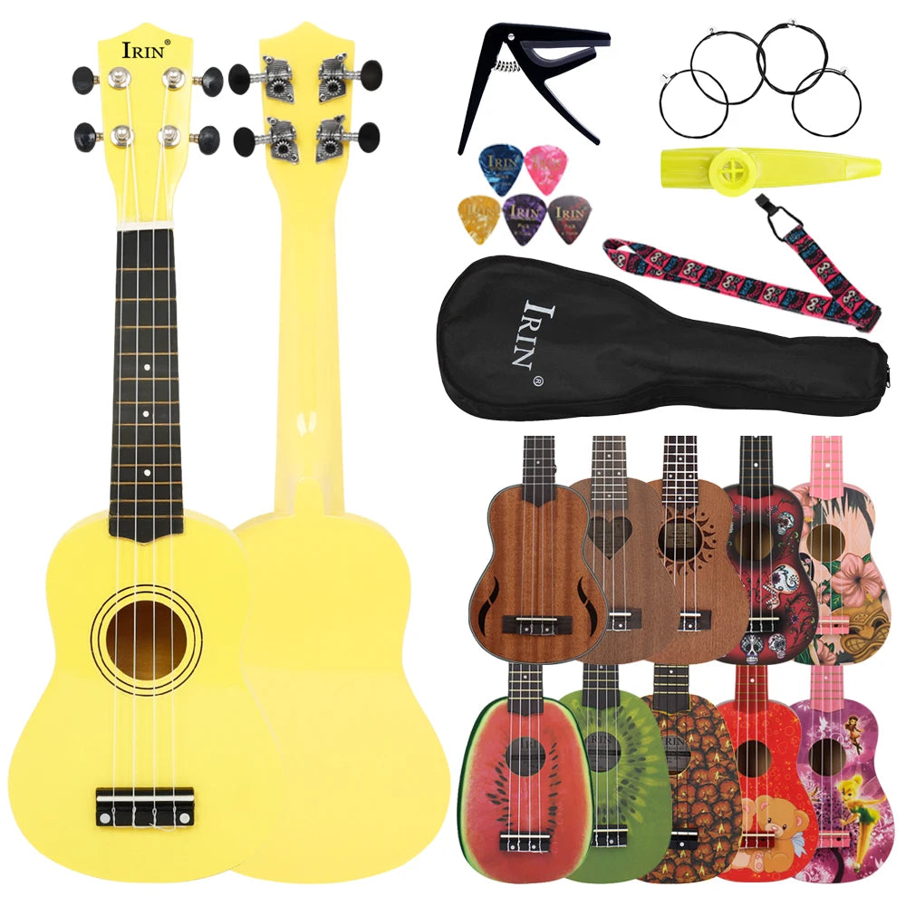 A yellow ukulele and a matching kit with accessories are displayed on a white background.