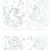A two-page coloring book spread featuring line art of a unicorn, a crescent moon, and a mermaid.