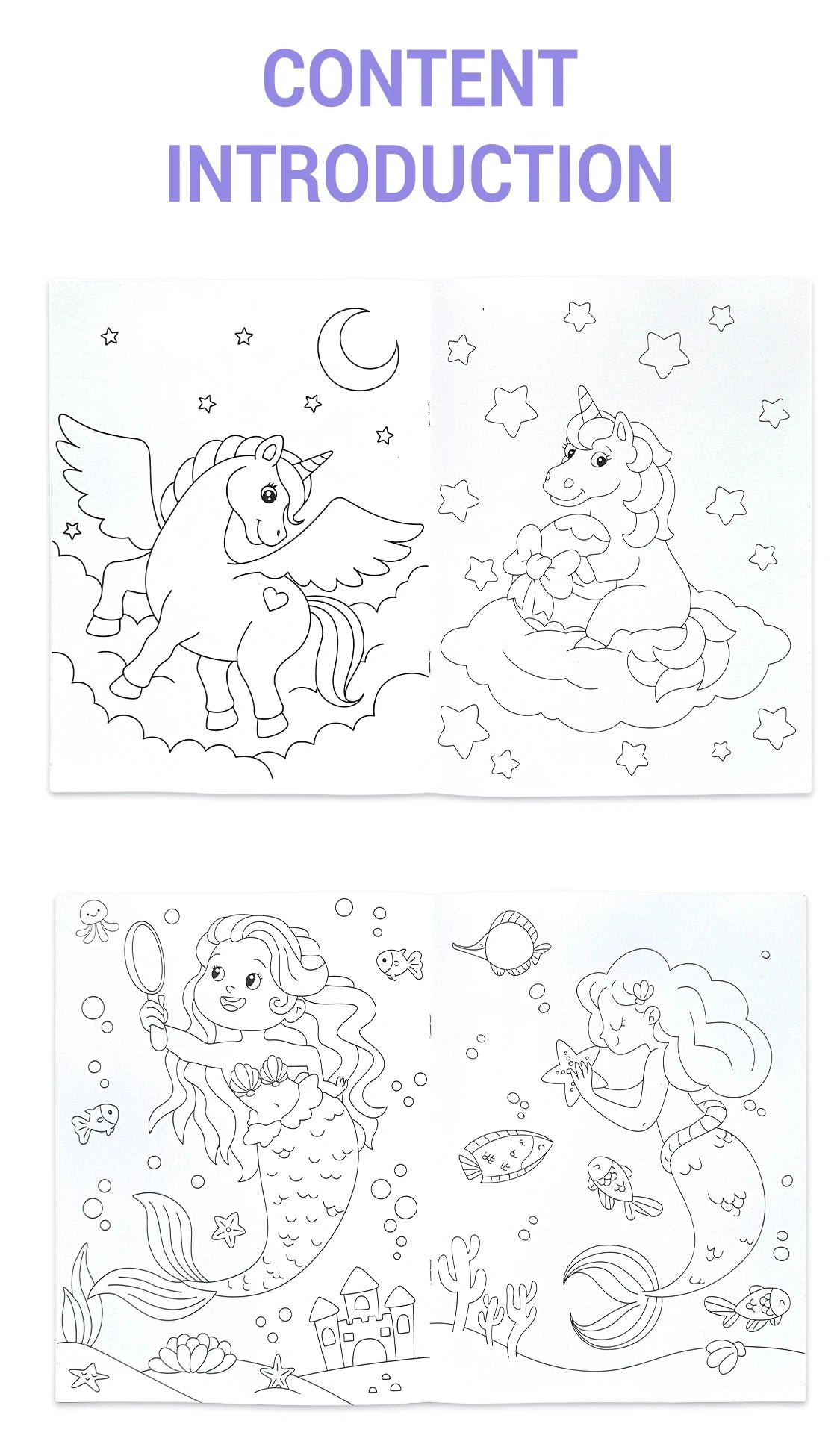 A two-page coloring book spread featuring line art of a unicorn, a crescent moon, and a mermaid.