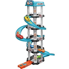 A multi-level race car track set featuring a parking garage and various levels for racing cars.
