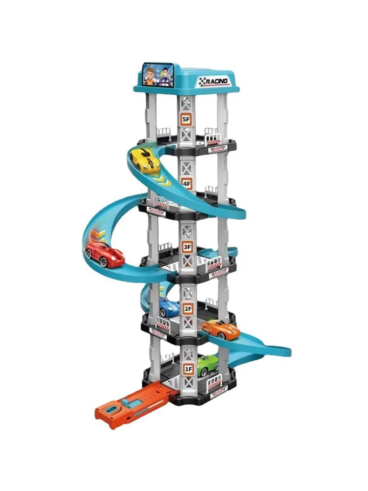 A multi-level race car track set featuring a parking garage and various levels for racing cars.