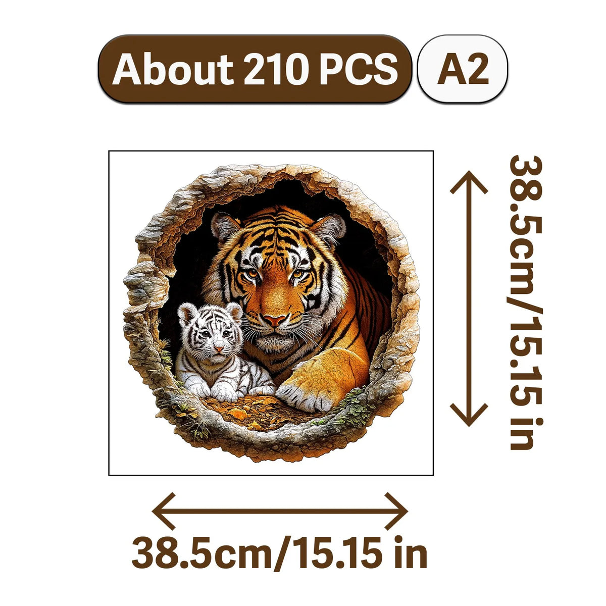 A jigsaw puzzle featuring a tiger and a baby bear carved into a wooden frame.