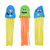 A set of three shark-themed pool diving toys in blue, green, and orange.