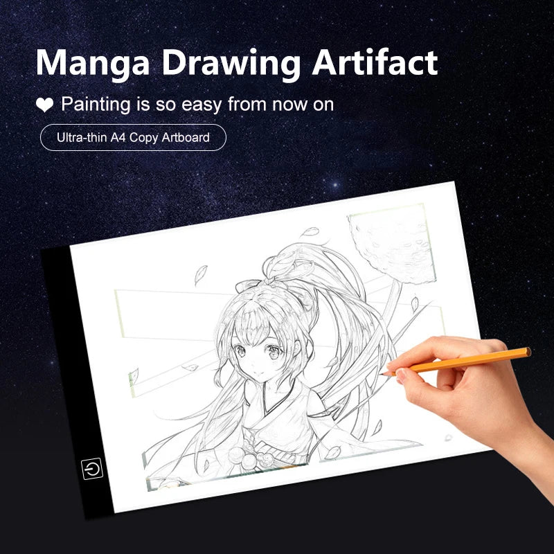 A hand draws a manga artifact on an ultra-thin A4 copy artboard LED drawing board.