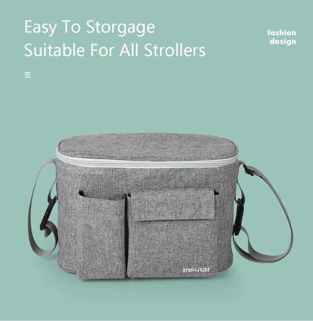 A gray Insuiar stroller organizer bag designed for easy storage and suitable for all strollers.