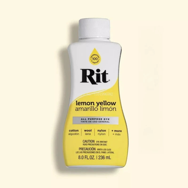 Bottle of Rit lemon yellow liquid fabric dye with a white cap and yellow label